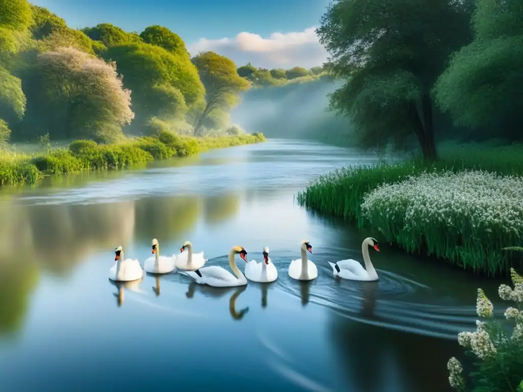 Una serena vista de un río, con cisnes elegantes deslizándose en el agua cristalina, reflejando un cielo nublado