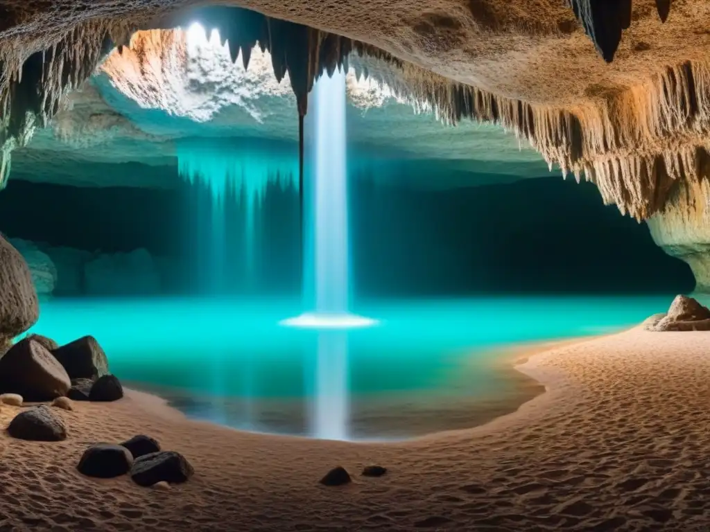 Descubre la serenidad de una cueva subterránea con agua turquesa cristalina y estalactitas, ideal para el turismo sostenible en cuevas