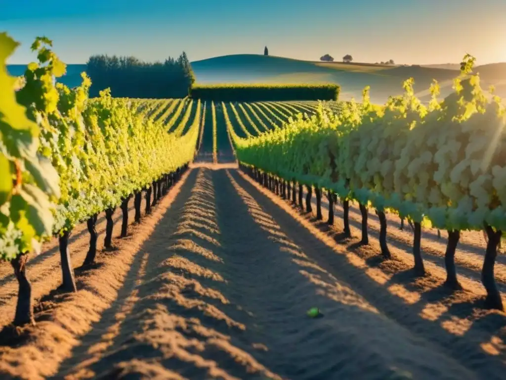 Sereno amanecer en viñedo orgánico sostenible, con filas de verde hoja de uva bajo cielo azul