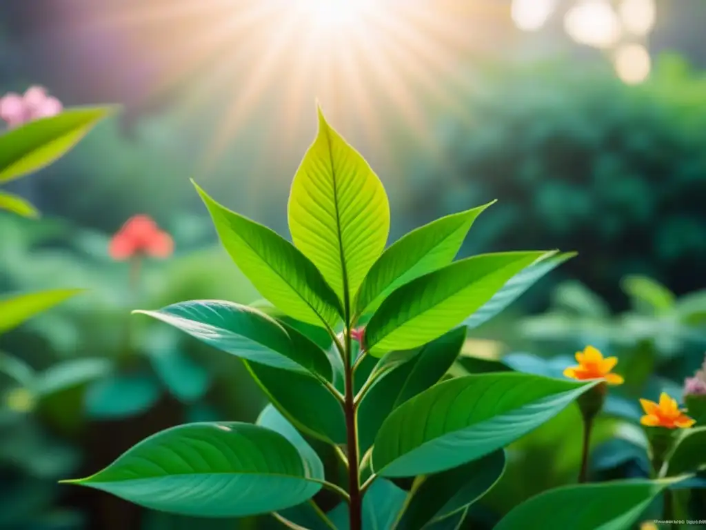 Un jardín botánico sereno al atardecer, con plantas exuberantes y flores coloridas bajo la cálida luz