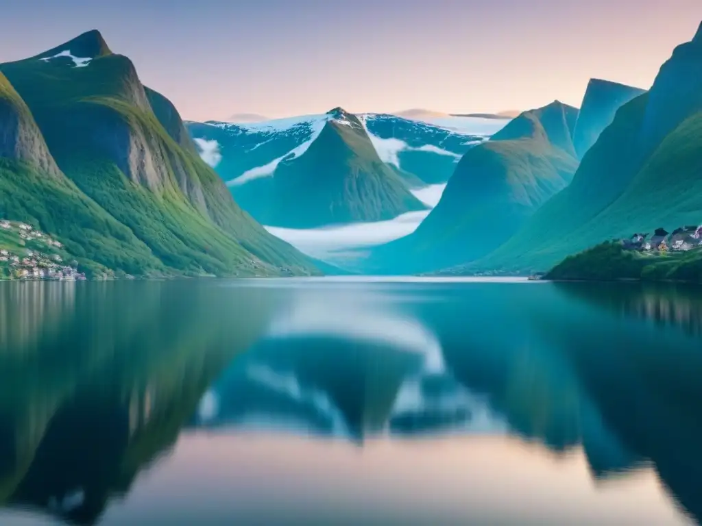 Amanecer sereno en un fiordo noruego, con tonos pastel reflejados en agua tranquila y montañas nevadas