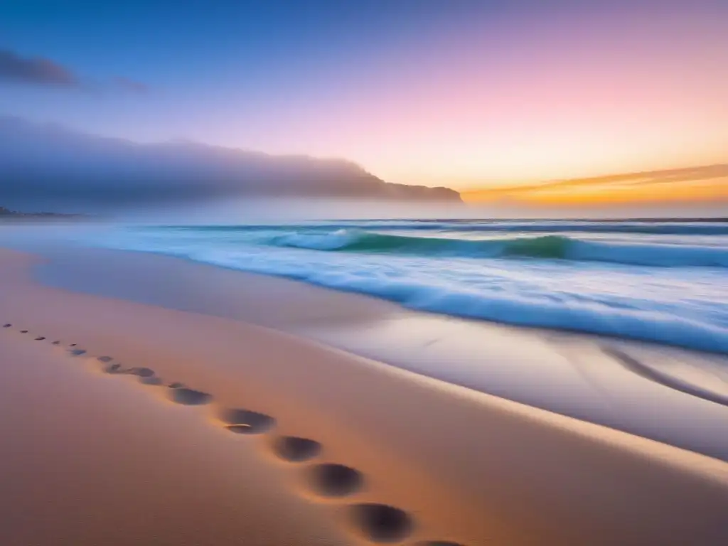 Amanecer tranquilo en playa dorada: serenidad y belleza natural Amanecer sereno en una playa virgen con olas suaves