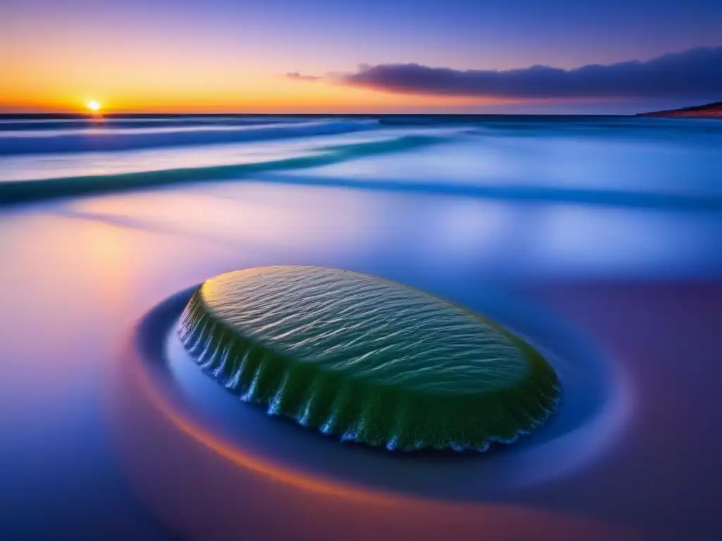 Amanecer sereno en una playa virgen, olas suaves resaltan la belleza natural