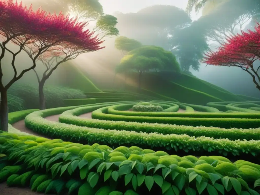 Un jardín botánico sereno con textiles en colores vibrantes, mostrando la belleza de los colorantes ecológicos para textiles