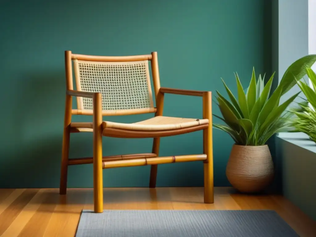 Una silla de bambú ecofriendly en un ambiente luminoso con plantas