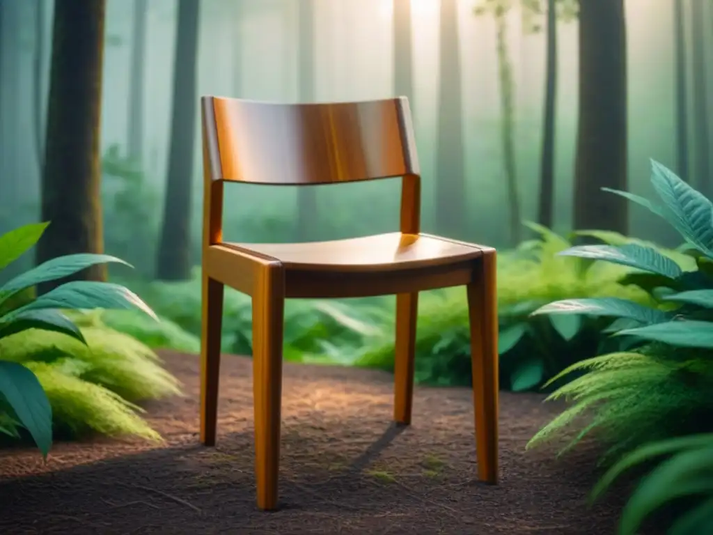 Silla de diseño en madera sostenible en bosque verde con luz solar, resaltando arte y ecología en muebles