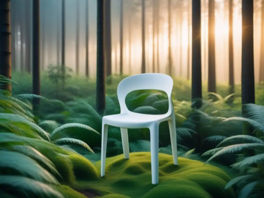 Silla de diseño innovador de bioplástico en bosque, representando materiales muebles sostenibles revolucionarios