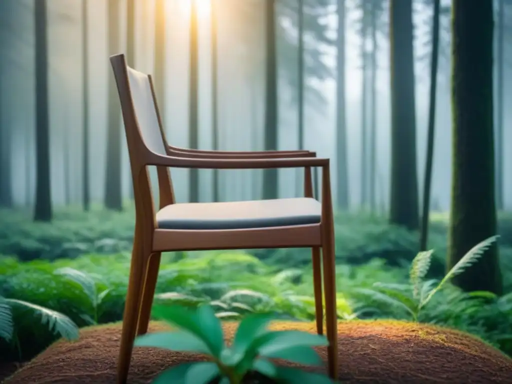 Silla de madera ecofriendly en bosque, reducción huella carbono muebles ecofriendly