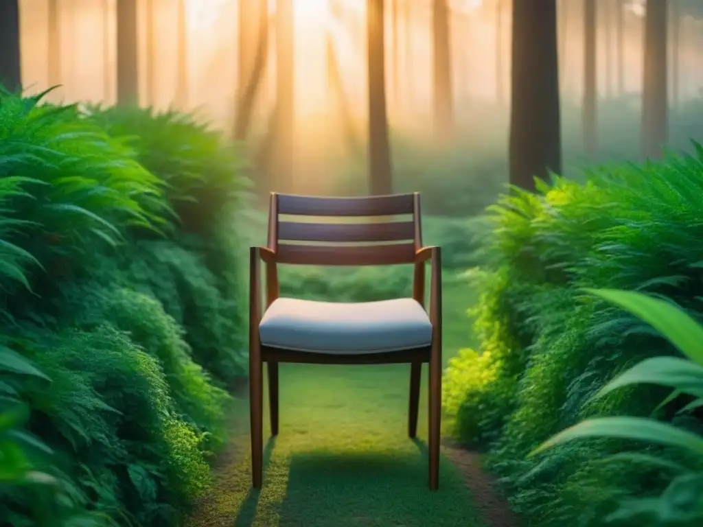 Una silla de madera elegante y minimalista en un bosque verde exuberante, fusionando ecología y diseño en muebles sostenibles