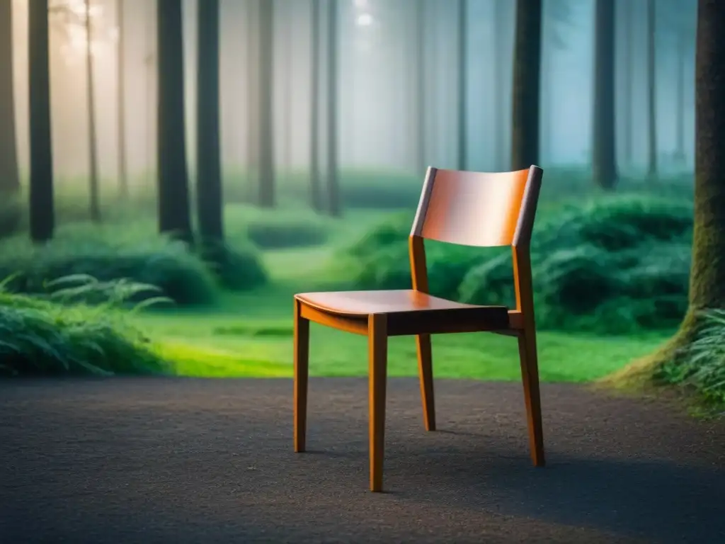 Una silla de madera minimalista y elegante, con certificaciones ecológicas, en un bosque verde exuberante