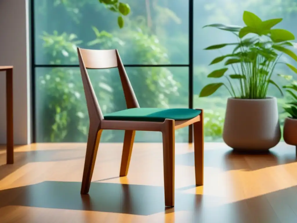 Silla de madera sostenible en entorno natural luminoso Silla de madera moderna en ambiente luminoso con jardín verde, destacando diseño sostenible como inversión futura