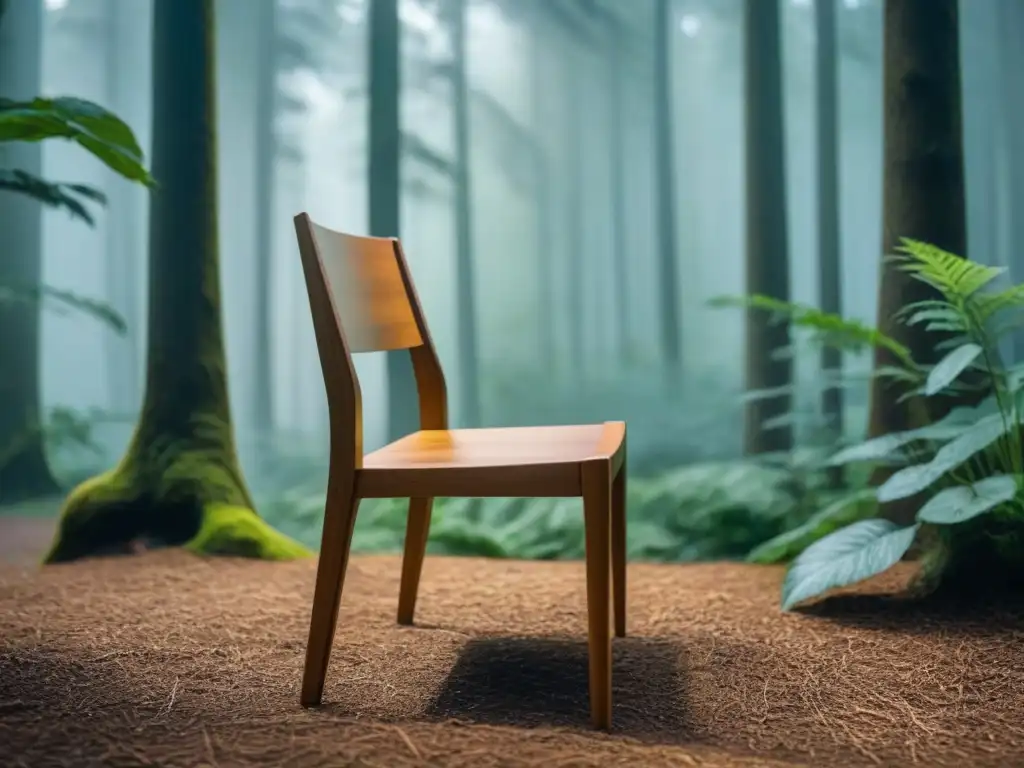 Silla de madera moderna en bosque verde, destacando diseño sostenible