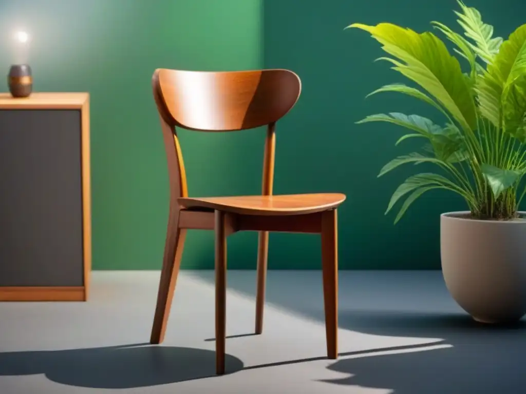 Silla de madera sostenible junto a una planta en un diseño ecofriendly y armonioso