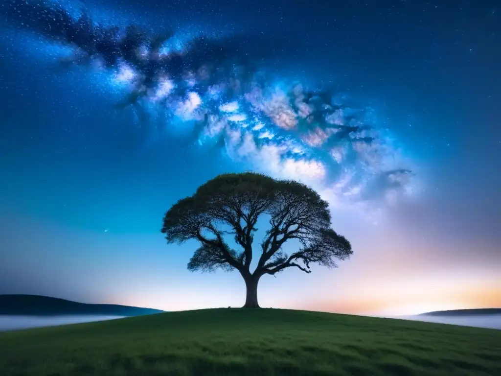 Silueta de árbol bajo un cielo estrellado y la Vía Láctea: astroturismo responsable en destinos sostenibles