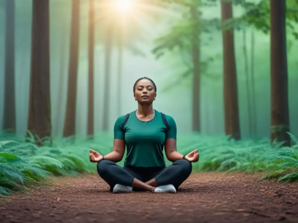 Silueta meditando en bosque verde, serenidad y armonía