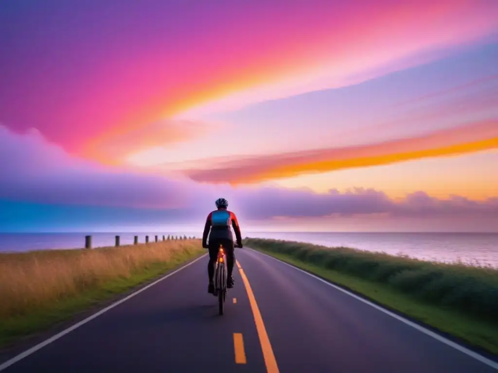 Silueta de ciclista en bicicleta eléctrica al amanecer en ruta costera, transmitiendo salud y serenidad con tonos cálidos