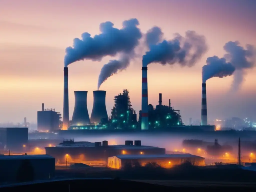 Contaminación urbana: impacto del cambio climático en la salud pública Silueta de ciudad con chimeneas emitiendo contaminación, representando amenazas sanitarias por cambio climático