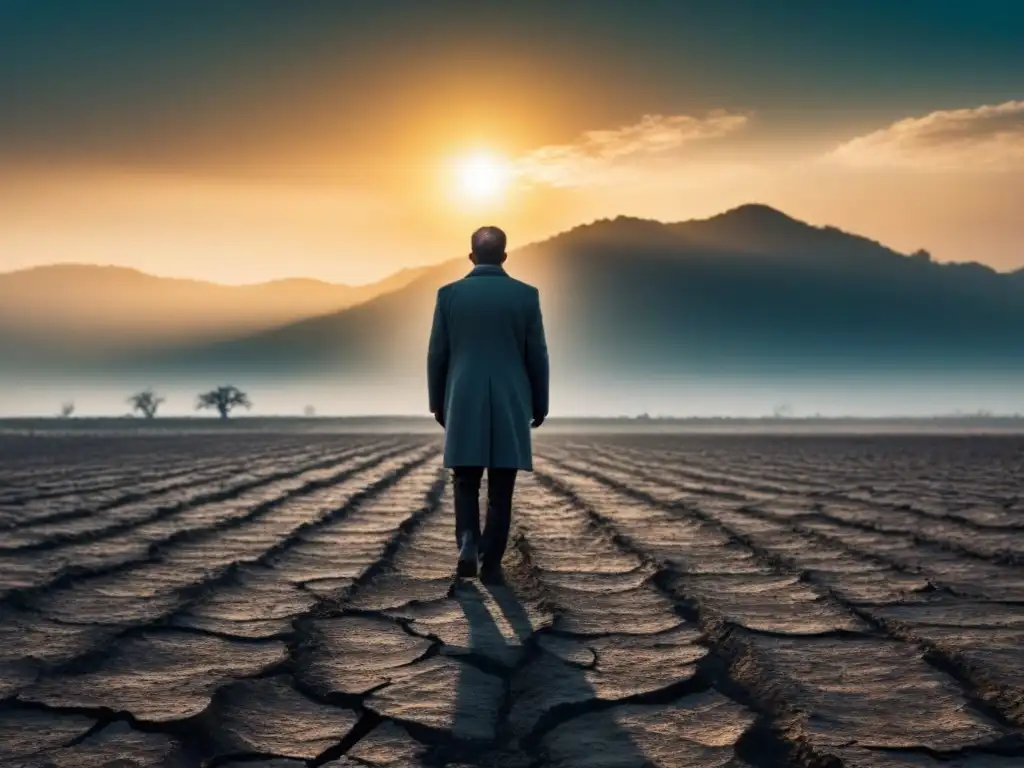 Silueta impactante: el cambio climático y la salud en un paisaje desolado Silueta en paisaje árido bajo un sol abrasador, simbolizando amenazas sanitarias por cambio climático