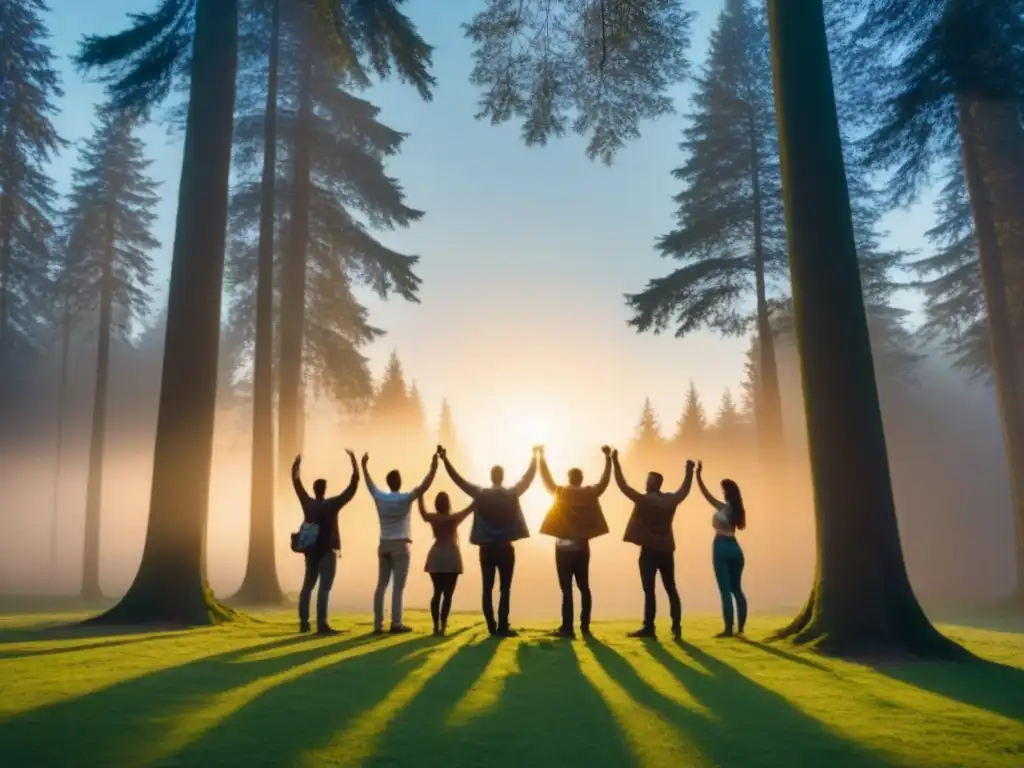 Siluetas en círculo frente a un bosque al atardecer, simbolizando unidad y participación ciudadana decisiones ambientales locales