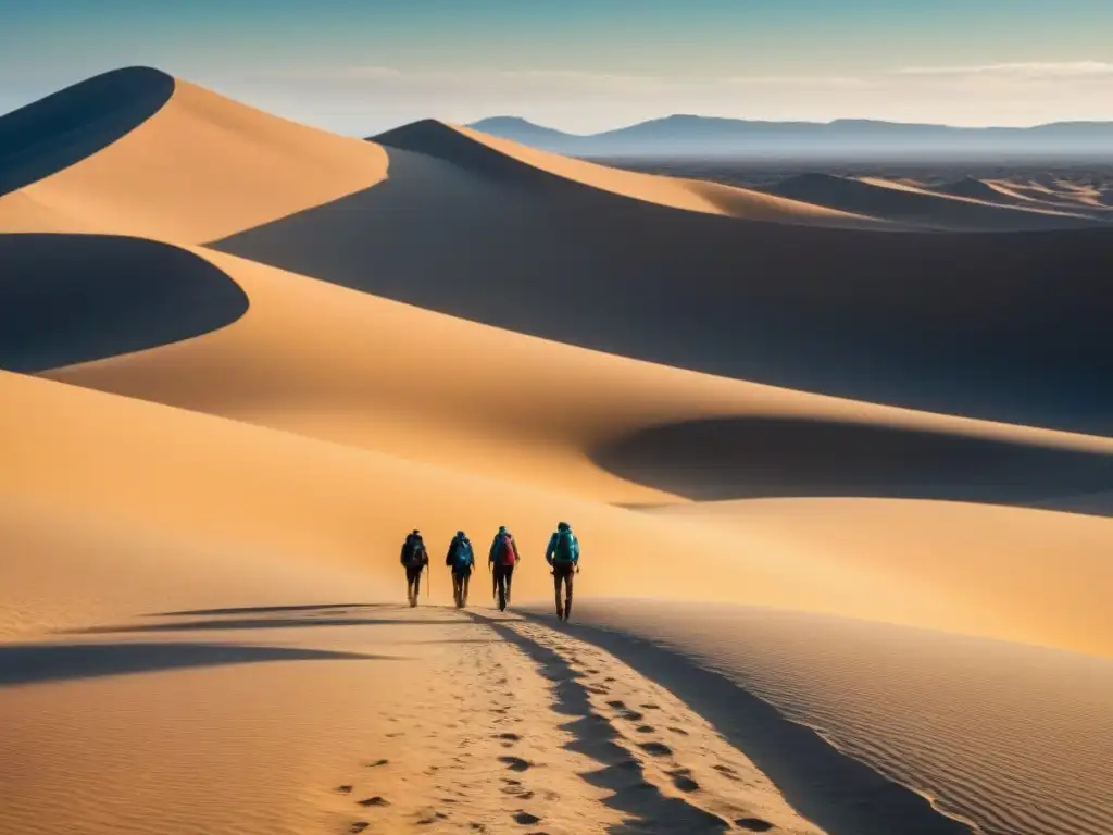 Siluetas de excursionistas en un desierto árido bajo el sol, transmitiendo sostenibilidad en caminatas desiertos