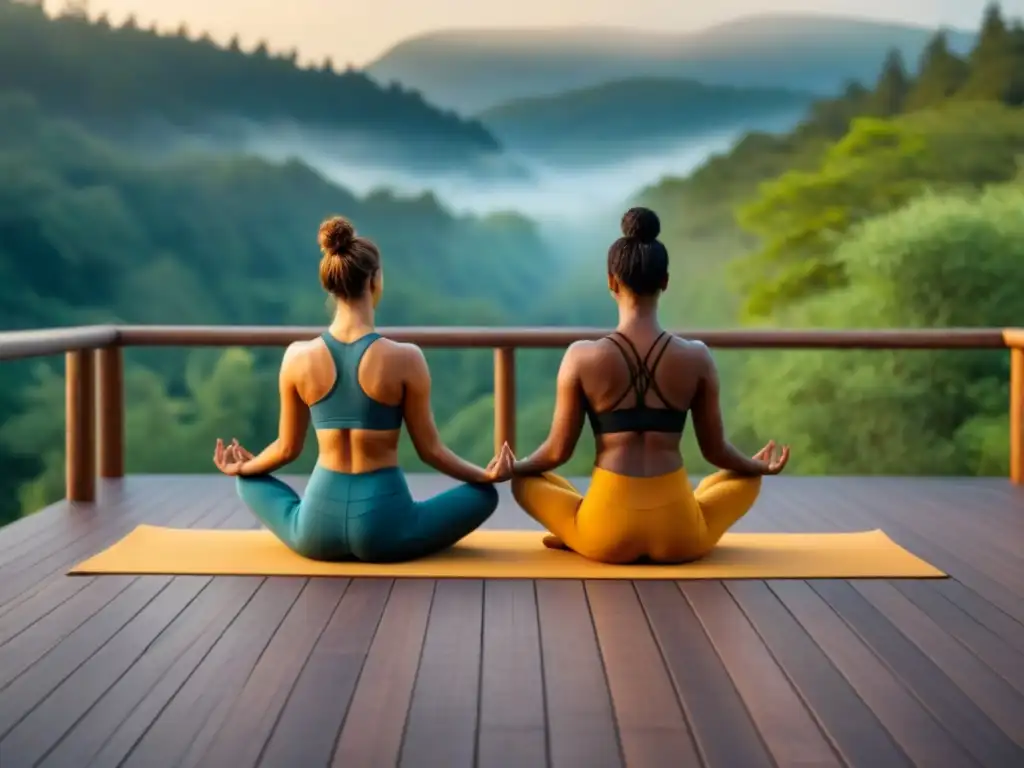 Siluetas de pareja practicando yoga en un entorno natural, con un atardecer cálido