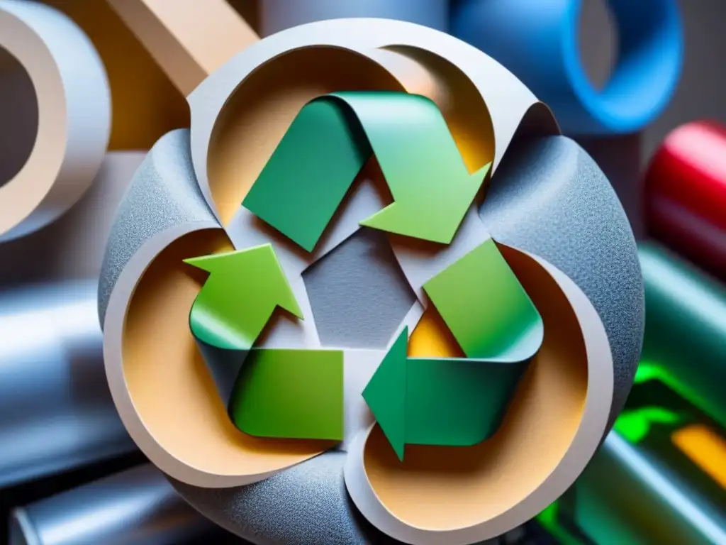 Un símbolo de reciclaje perfectamente entrelazado con materiales reciclables, representando la economía circular reducción residuos sostenible