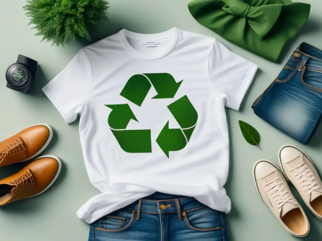 Un símbolo de reciclaje verde rodeado de prendas sostenibles, transmitiendo la esencia de la moda circular sostenible cero waste