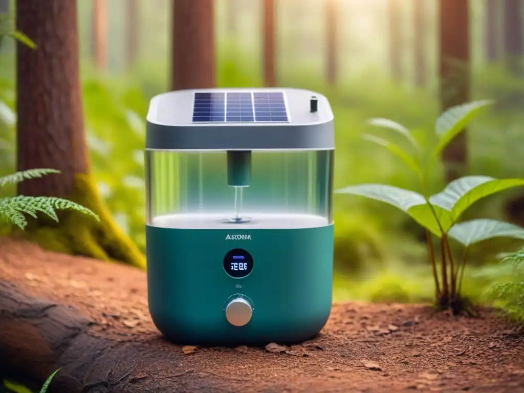 Un sistema de purificación de agua sostenible y compacto con energía solar en un bosque verde