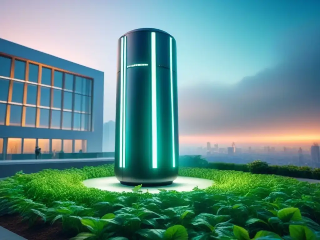 Un sistema de purificación de aire futurista se integra en un entorno urbano moderno, resaltando la armonía entre tecnología y naturaleza