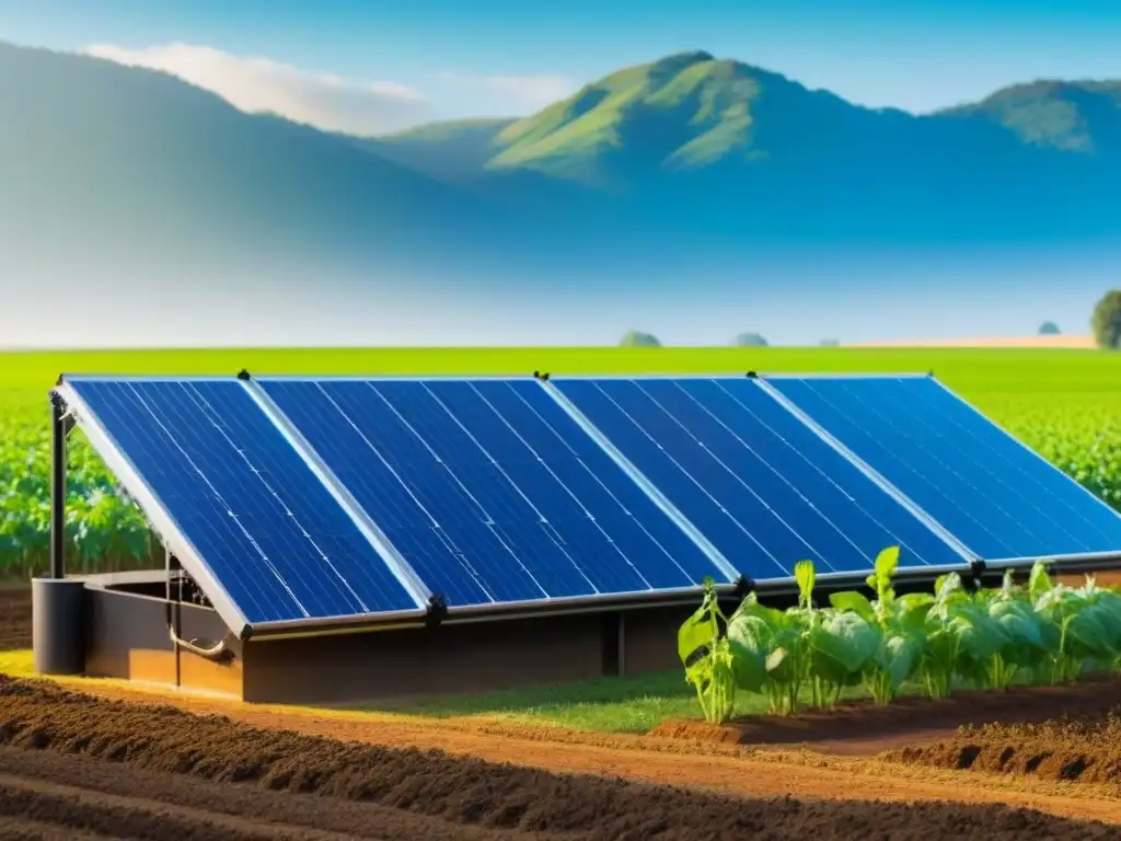 Un sistema de bombas de agua solares elegante en un campo agrícola verde, bajo un cielo azul