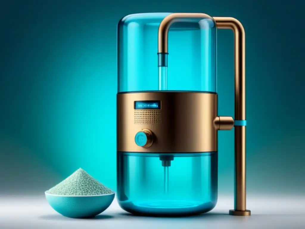 Un sistema de filtración de agua sostenible con tecnología avanzada y diseño elegante en tonos aquamarina y tierra