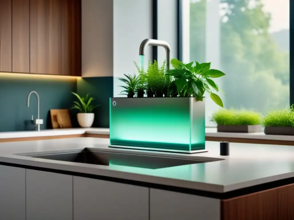 Moderno filtro de agua ecofriendly integrado en encimera de cocina Un sistema de filtración de agua sostenible integrado en una elegante encimera de cocina, con planta verde, simbolizando armonía con la naturaleza