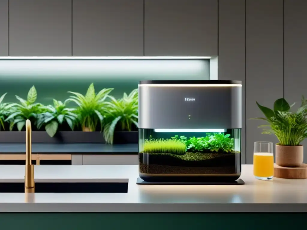 Filtro de agua elegante en cocina contemporánea Un sistema de filtración de agua sostenible integrado en una cocina moderna, rodeado de plantas verdes, creando un ambiente armonioso y minimalista
