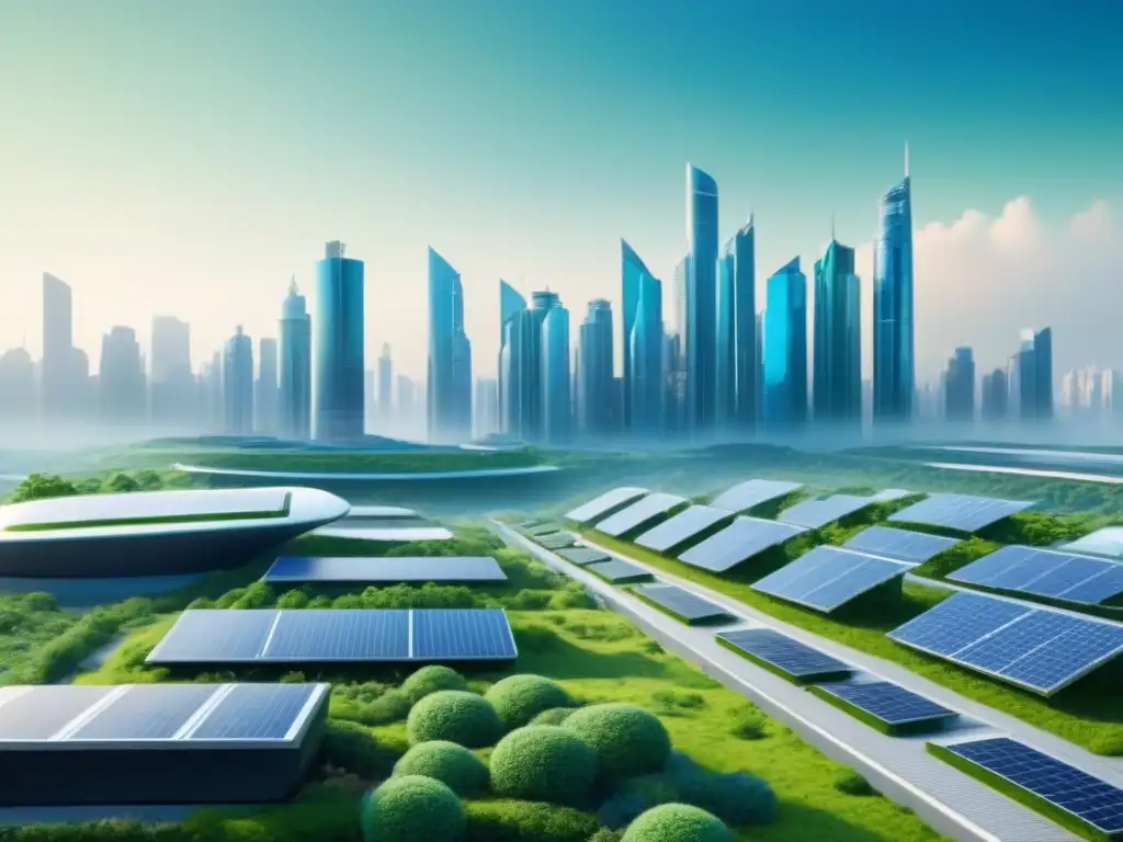 Un skyline futurista con edificios ecofriendly, integrando tecnología avanzada y rodeado de vegetación exuberante