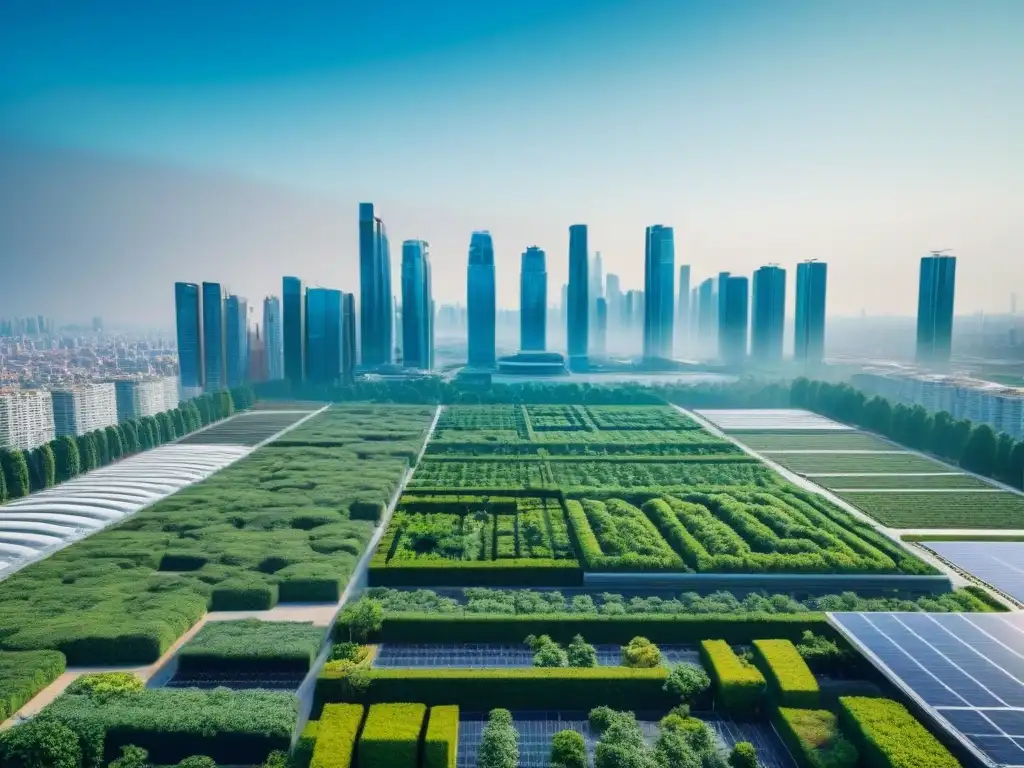 Un skyline urbano moderno con espacios verdes integrados transmitiendo la planificación verde del desarrollo urbano sostenible