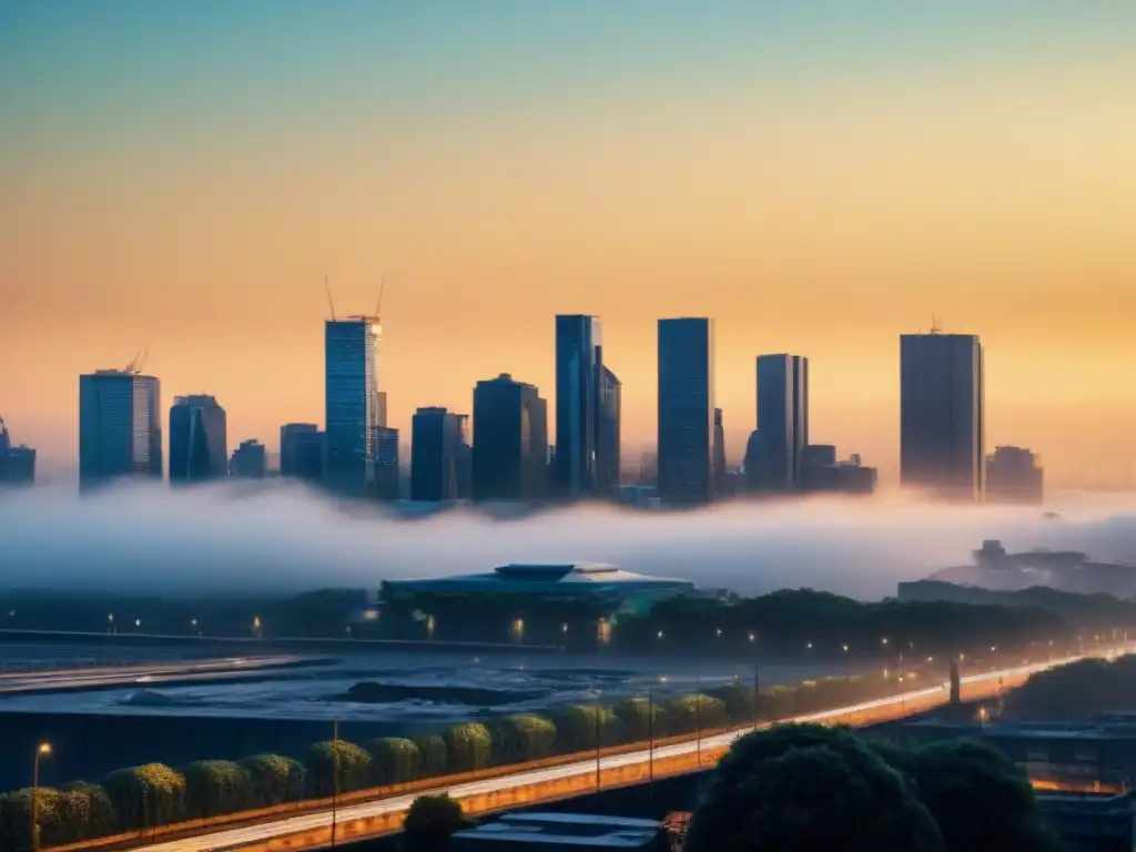 Un skyline urbano donde se gestionan residuos con enfoque sostenible en clima cambiante