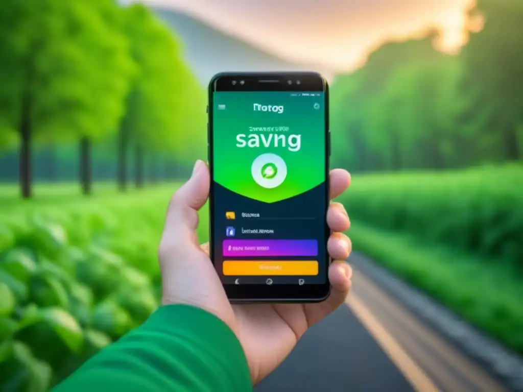 Un smartphone con una app de ahorro ecológico, diseño vibrante en tonos verdes y elementos naturales