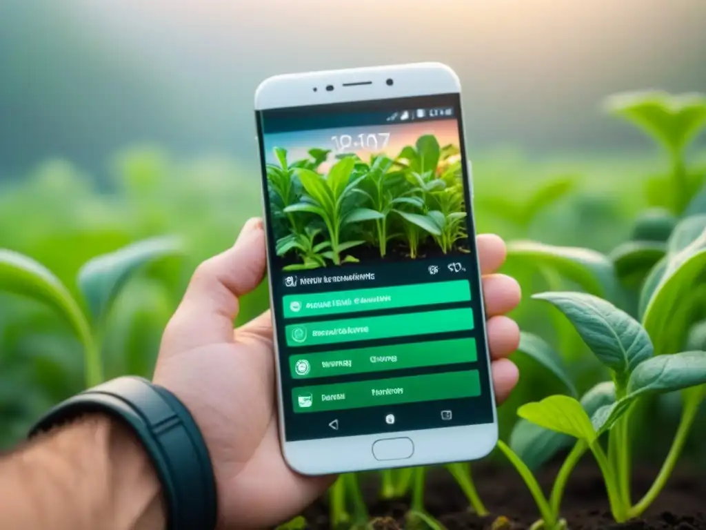 Un smartphone muestra apps para huerto urbano sostenible con iconos de plantas verdes vibrantes en un fondo blanco minimalista