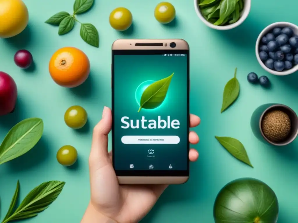 Smartphone muestra apps dieta sostenible eco-friendly con iconos de alimentos y plantas en tonos terrosos