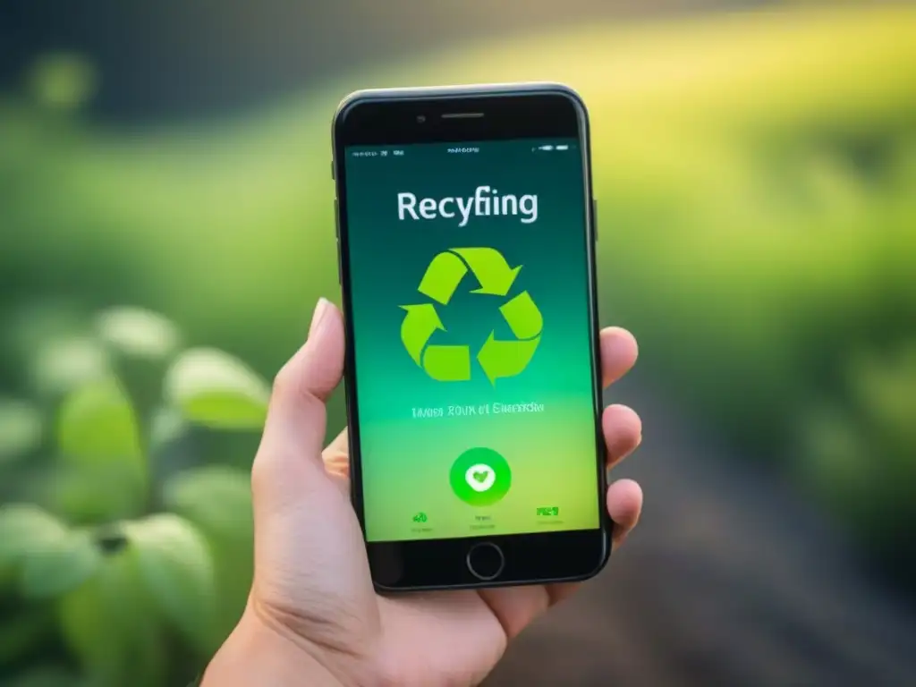 Un smartphone elegante con una app de reciclaje verde en un fondo de tonos terrosos, simbolizando sostenibilidad