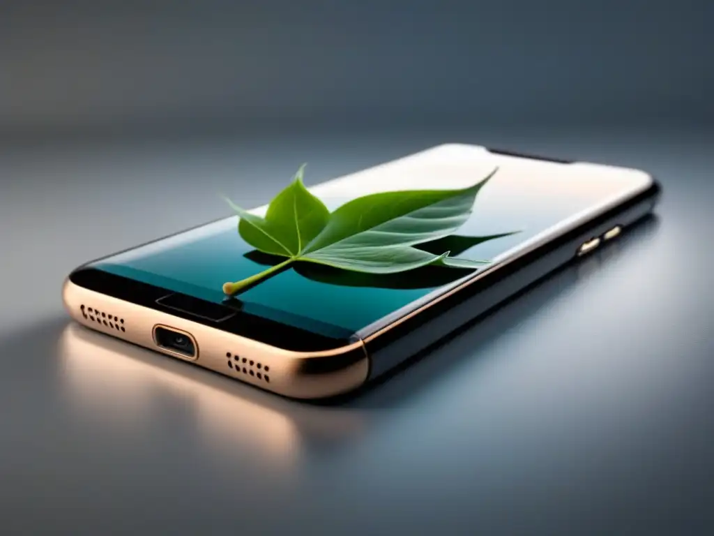 Un smartphone elegante con una hoja verde en la pantalla, simbolizando conciencia ambiental