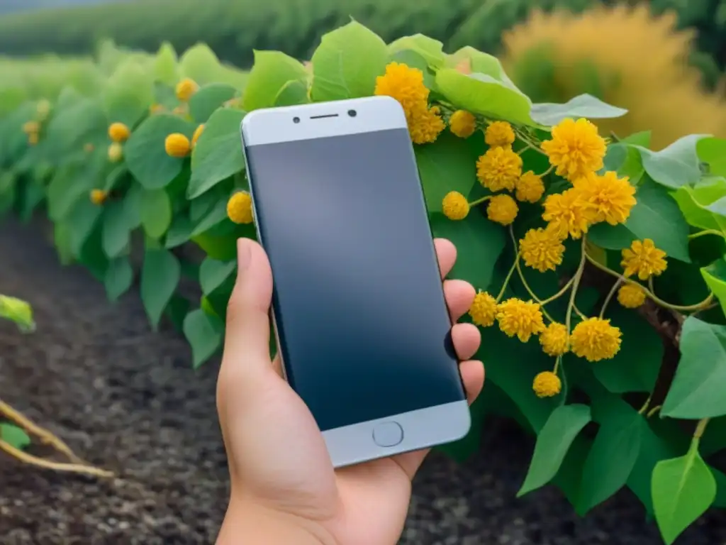 Un smartphone enredado en enredaderas con flores marchitas, simbolizando el impacto de la tecnología en el medio ambiente