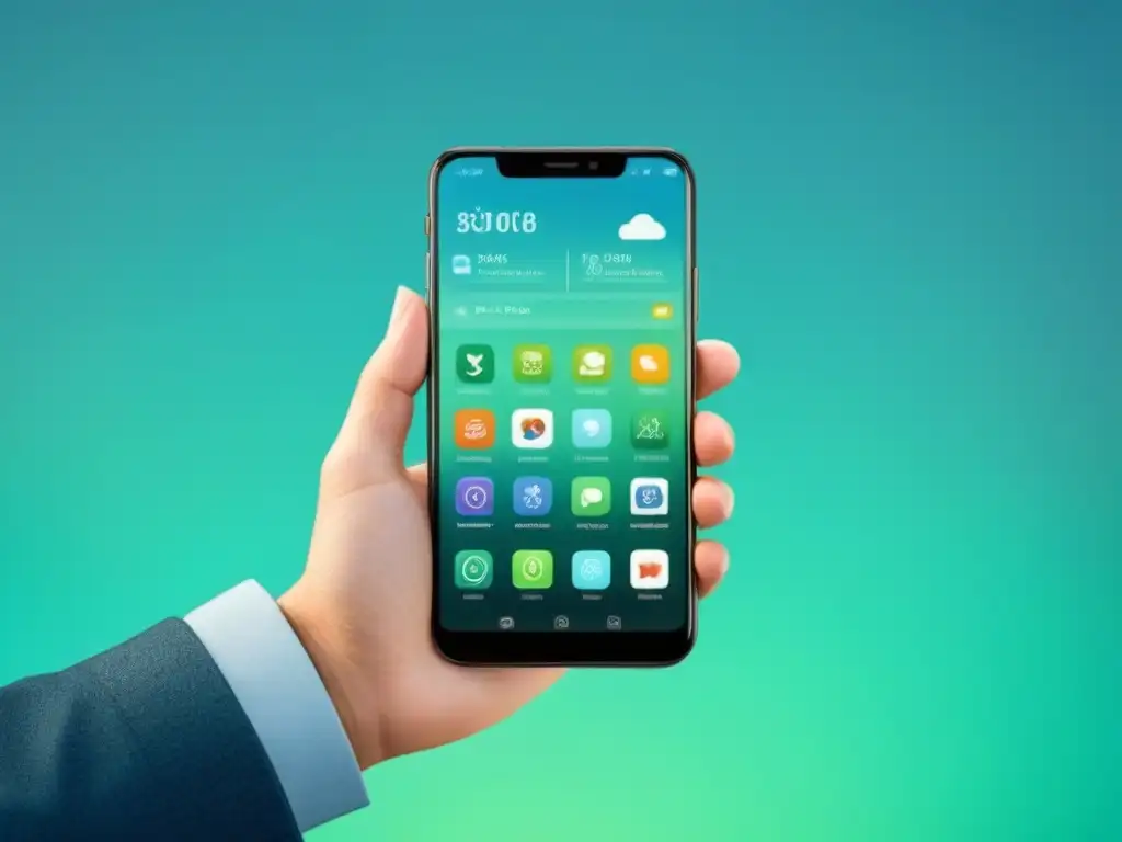 Un smartphone futurista con apps de sostenibilidad en un diseño minimalista