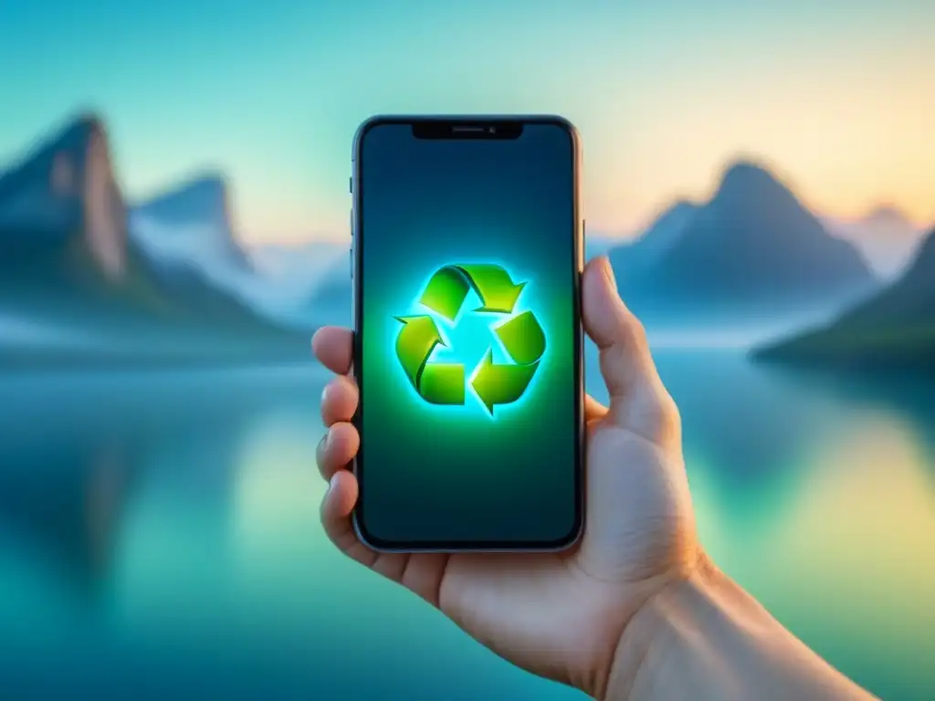 Un smartphone futurista con símbolo de reciclaje, en un fondo de tonos azules y verdes