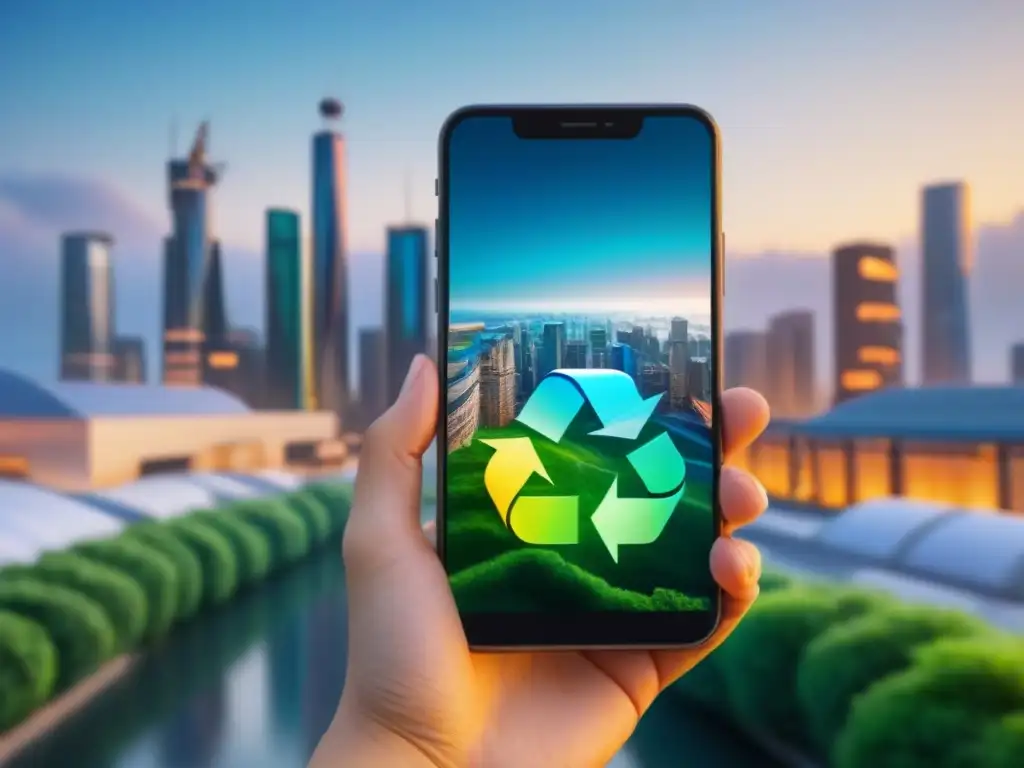 Smartphone futurista muestra símbolos reciclaje coloridos en ciudad ecológica