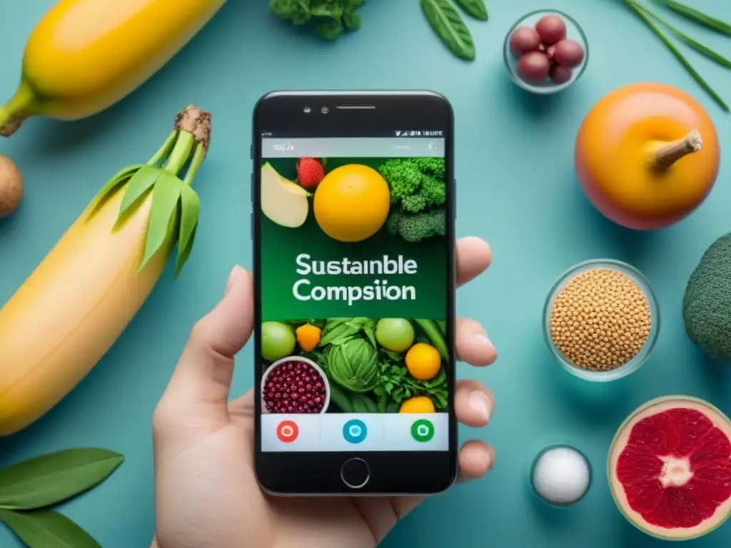 Un smartphone con iconos de alimentos sostenibles flotando