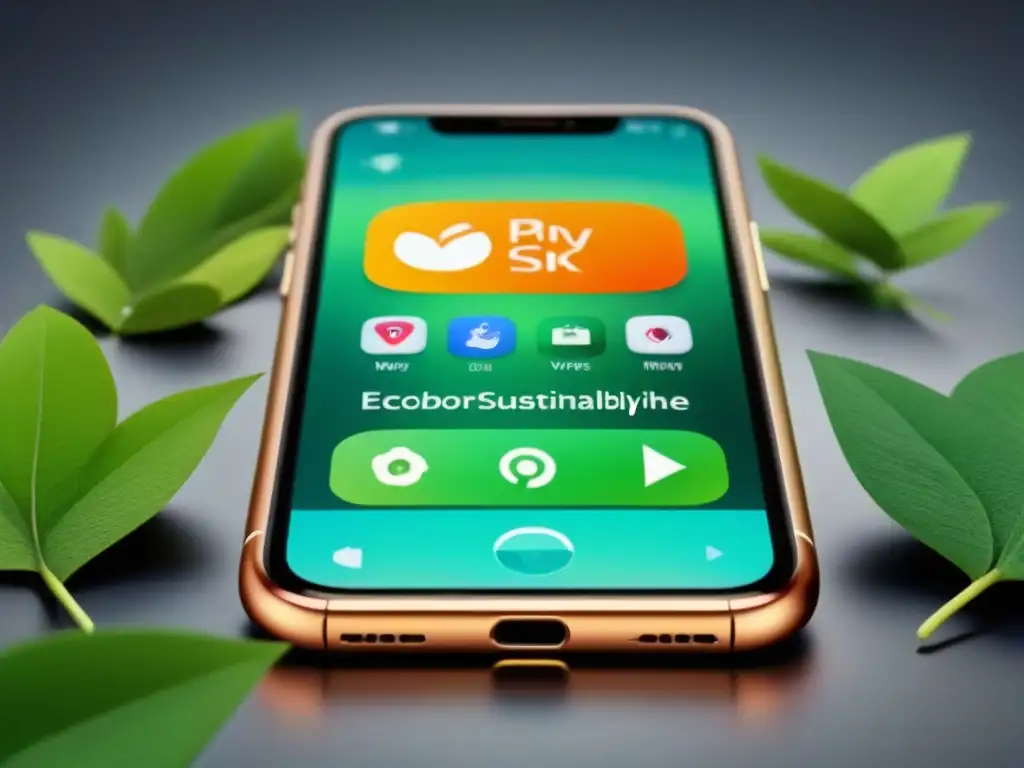 Un smartphone minimalista muestra apps para vida sostenible con iconos ecofriendly en una pantalla 8K detallada