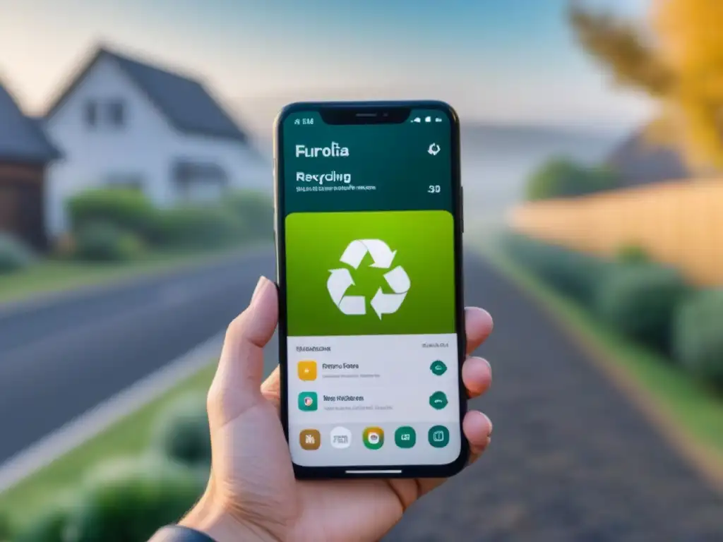 Un smartphone moderno muestra una app de reciclaje en un hogar sostenible