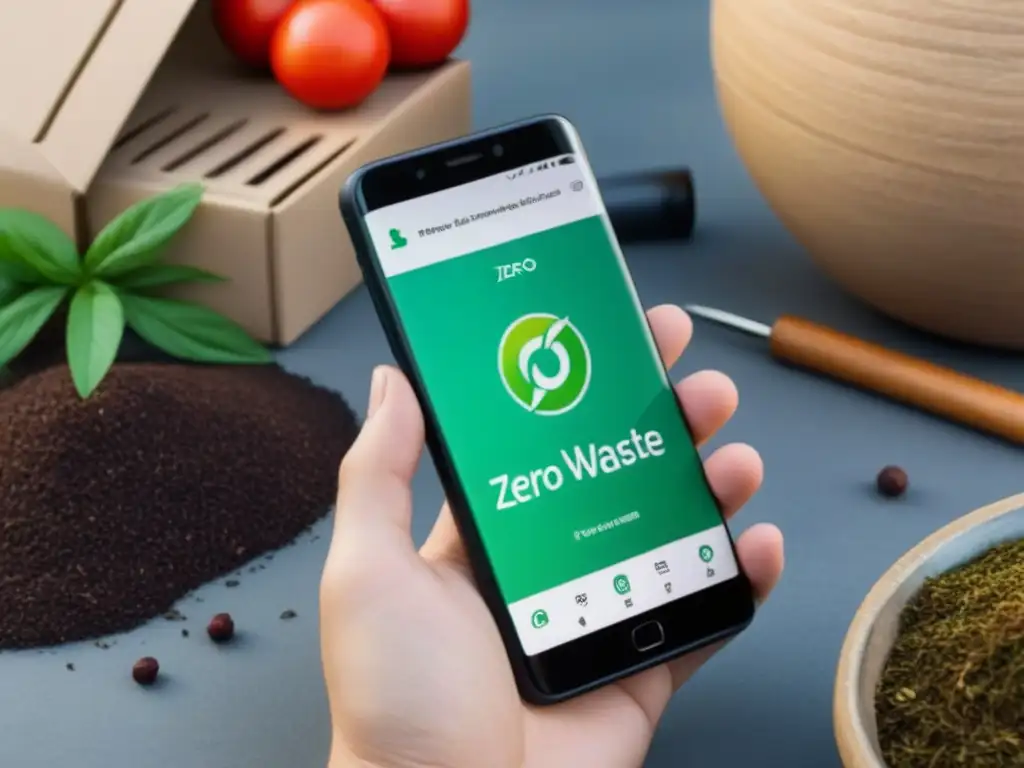 Un smartphone moderno muestra una app zero waste con colores ecofriendly y diseño minimalista