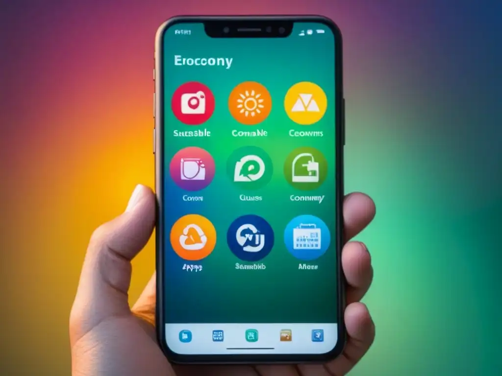 Un smartphone moderno muestra apps para consumo responsable sostenible en iconos detallados y coloridos